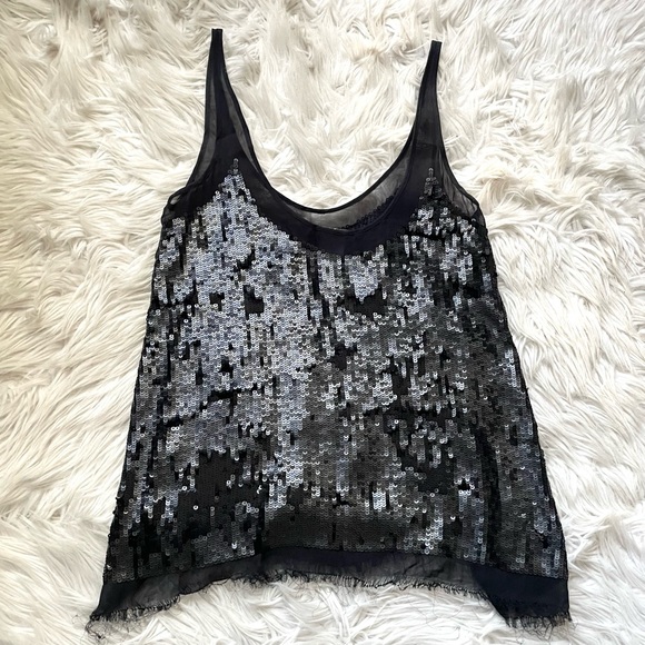 AllSaints Spitalfields Sequin Sheer Raw Hem Black Tank Top Blouse 2 - Picture 7 of 9